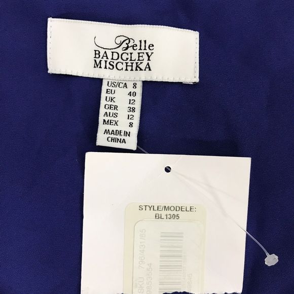 NWT Belle Badgley Mischka Sleeveless Blue‎ Ruffle Hem Tie Waist Dress Size 8 - Picture 4 of 7